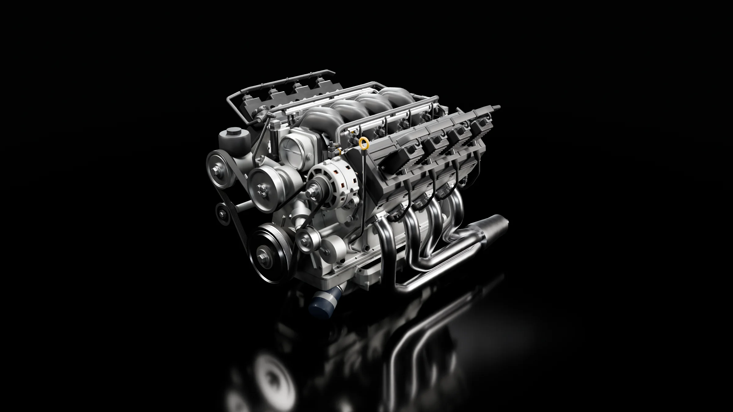 Render do modelo 3D do GM LS3 6.2 com headers, em três quartos pela frente.